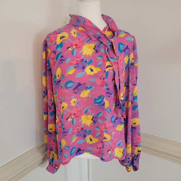 Vintage Puccini Tie Neck Floral Blouse Pink Floral Long Sleeve Retro Women's M - Picture 2 of 9